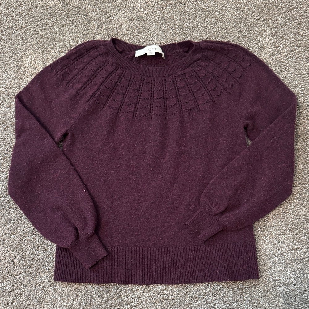 LOFT Deep Plum Textured Yoke Crewneck Sweater